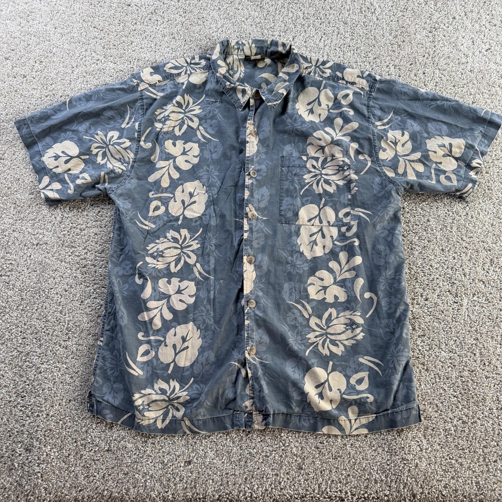 Metro Shirt Mens Large Blue Hawaiian Floral Cotton Short Sleeve Button Up Casual